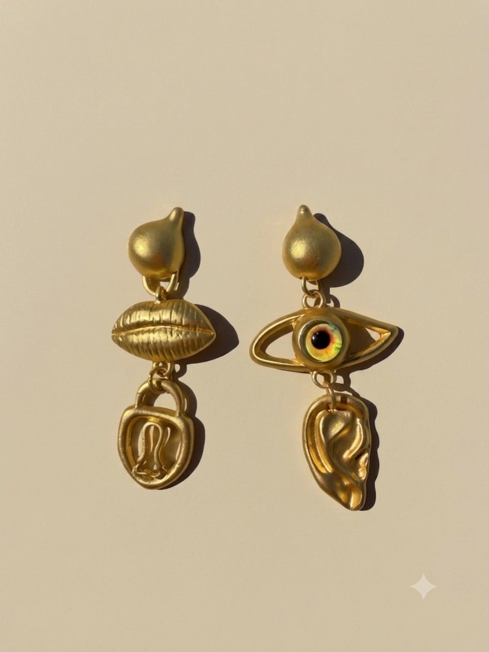 Gold Statement Drop Earrings - Sculptural Eye and Shell Design - Picture 3 of 3